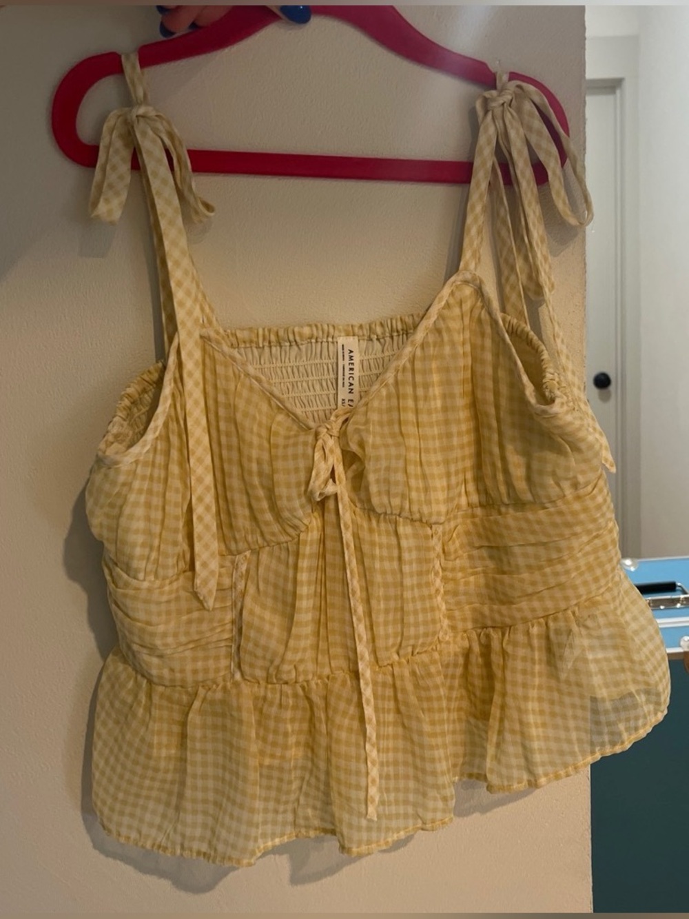 American Eagle Outfitters Yellow Gingham Tie-Shoulder Ruffle Cami